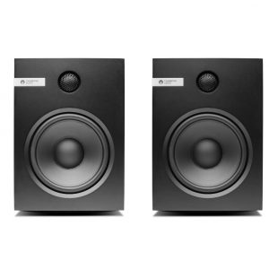 Cambridge Audio bookshelf speakers, black finish, pair with large front woofer and small round tweeter.