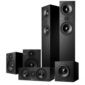 Cambridge Audio black surround sound speaker set including two tall floor standing units, a center channel, and two bookshelf speakers