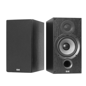 ELAC bookshelf speakers set in black wood finish; left speaker with grille, right speaker exposed showing tweeter, woofer, and port.