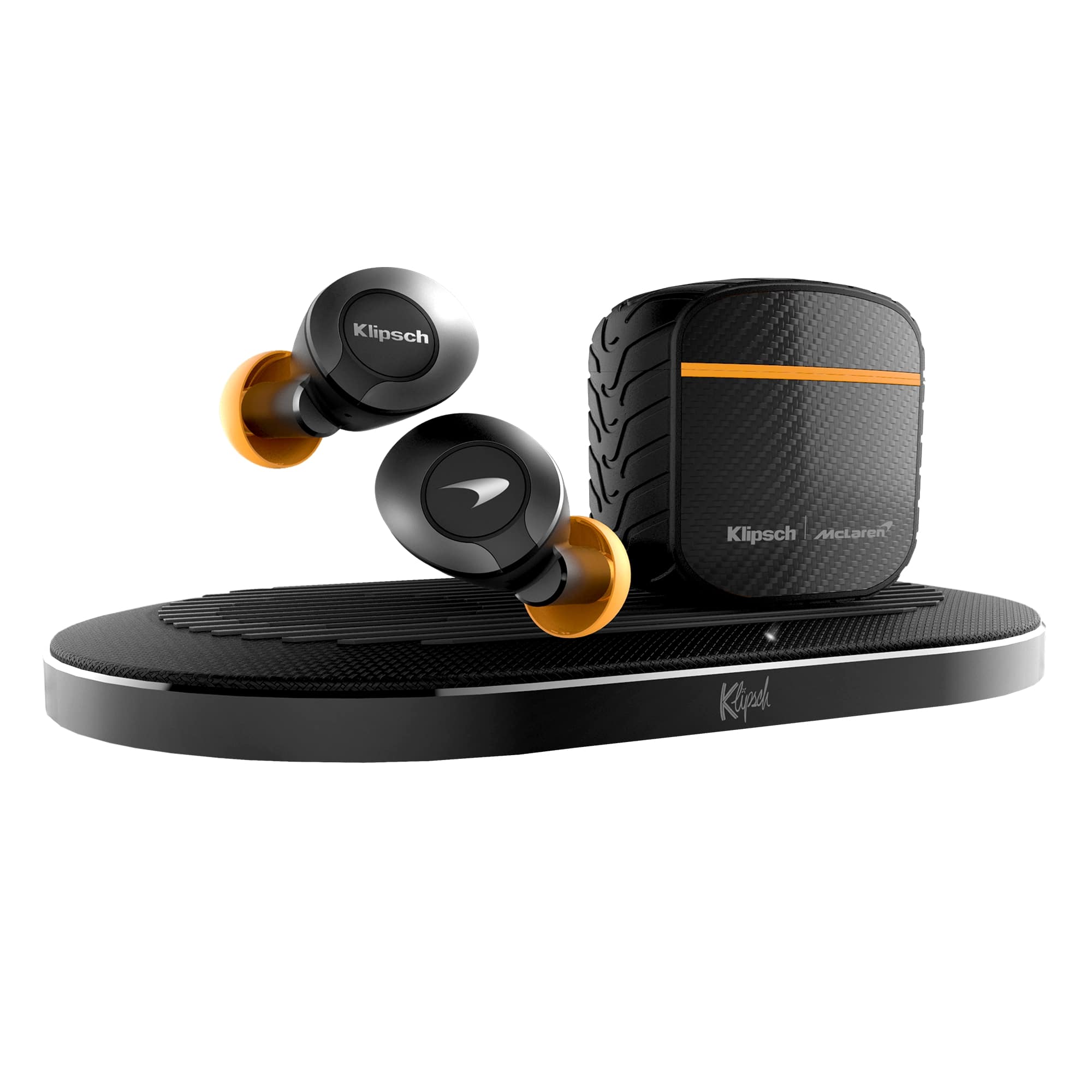 Klipsch Mclaren T5 Ii True Wireless Anc Earphones Klipsch mclaren wireless earbuds with carbon-fiber charging case and orange accent stripe.