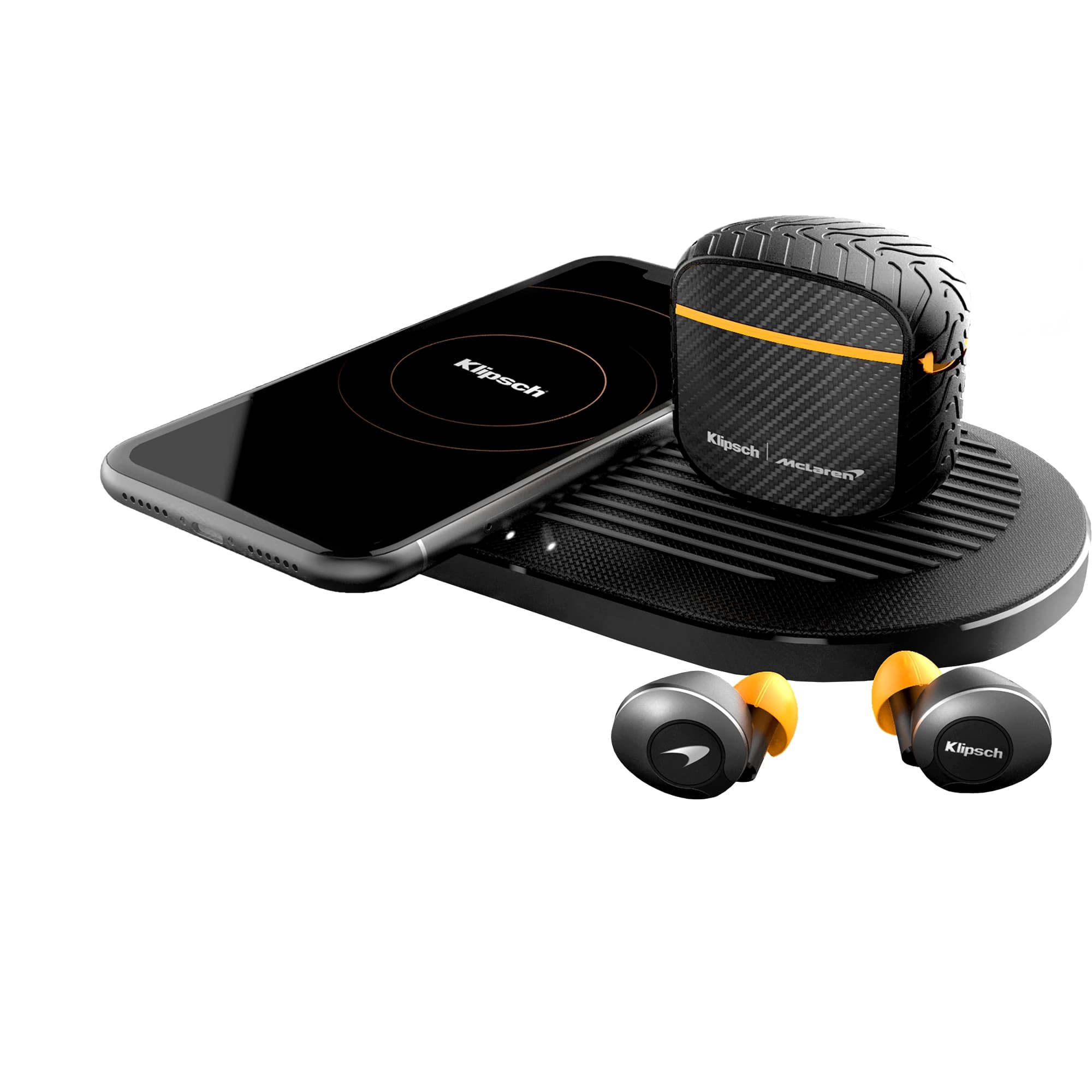 Klipsch Mclaren T5 Ii True Wireless Anc Earphones Klipsch mclaren wireless earbuds with carbon fiber charging case and orange accent resting on a smartphone.