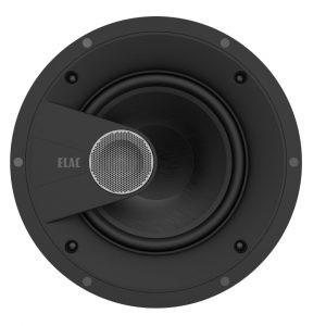 ELAC round in-ceiling speaker with central metal-mesh tweeter and large woofer.