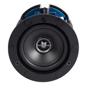 Round black speaker driver with blue inner housing, central cone, and six screws around the outer rim.