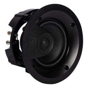 Black round in-wall speaker driver with mounting flange and red/black binding posts.