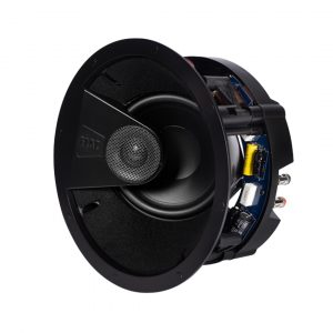 Coaxial loudspeaker driver with a black cone and integrated tweeter, featuring visible crossover board and terminal connectors.