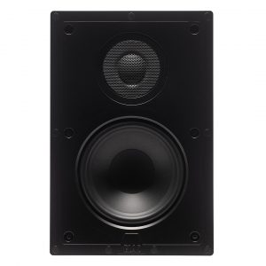 Elac black bookshelf speaker with a large front woofer and a tweeter behind a protective grille.