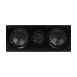 Center-channel speaker in a black rectangular enclosure with two large woofers and a central tweeter behind a mesh grille.