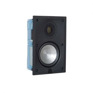 In-wall speaker with dual drivers, black front panel, round silver woofer and small round tweeter, blue mounting behind.