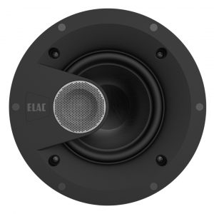 Elac round ceiling speaker with large woofer and small perforated-metal tweeter