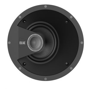 ELAC round loudspeaker driver with central perforated metal tweeter and large surrounding woofer in a circular mounting.