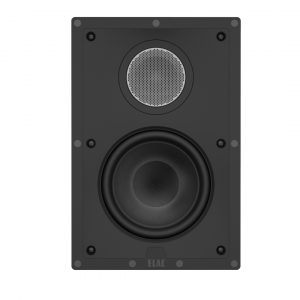 ELAC bookshelf speaker with circular metal-mesh tweeter above a large woofer in a black cabinet