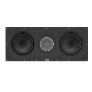 ELAC rectangular wall speaker panel with two large side woofers and a central perforated metal grille.