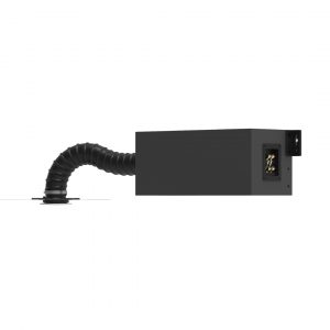 Black rectangular industrial enclosure connected to a flexible ribbed conduit, featuring an electrical connector panel on the right side.