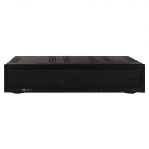 ELAC IS-AMP800-BK black rack-mount amplifier with perforated front panel and LED indicators.