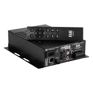 ELAC IS-AMP-340 3.1-channel amplifier with remote control resting on a rack-mount chassis