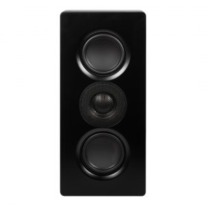 Black floor-standing loudspeaker with three drivers: two large woofers and a central mesh-covered driver.