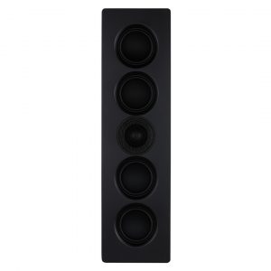 Tall black floor-standing speaker with five circular drivers arranged vertically.
