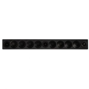 Black soundbar with multiple circular drivers arranged along its length.