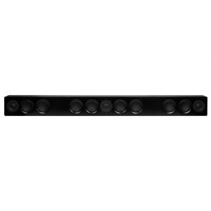 Long black soundbar with multiple circular drivers across its front panel.