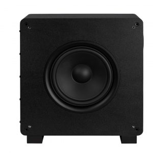 Black square subwoofer with a large central woofer, textured cabinet, and small feet.