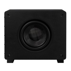 Black subwoofer cabinet with large circular woofer and textured center dust cap.