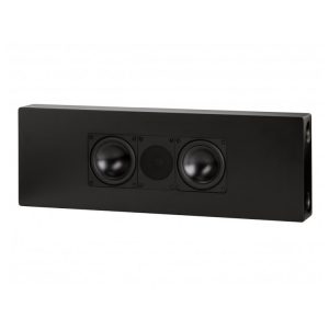 Black rectangular soundbar with two large drivers and a central circular grille.