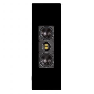 Tall black floor-standing speaker with three stacked driver units in a vertical enclosure.