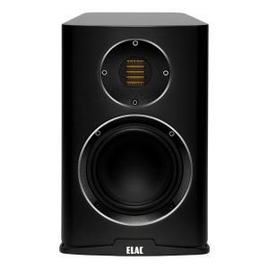 ELAC two-way bookshelf speaker with a large woofer and a circular midrange/tweeter assembly in black finish