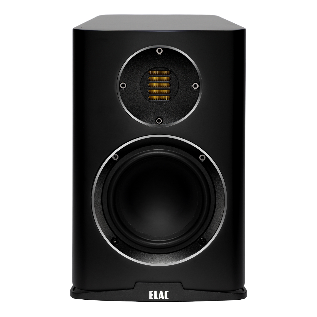 Elac Carina Bs243.4 Bookshelf Speakers Elac two-way bookshelf speaker with a large woofer and a circular midrange/tweeter assembly in black finish