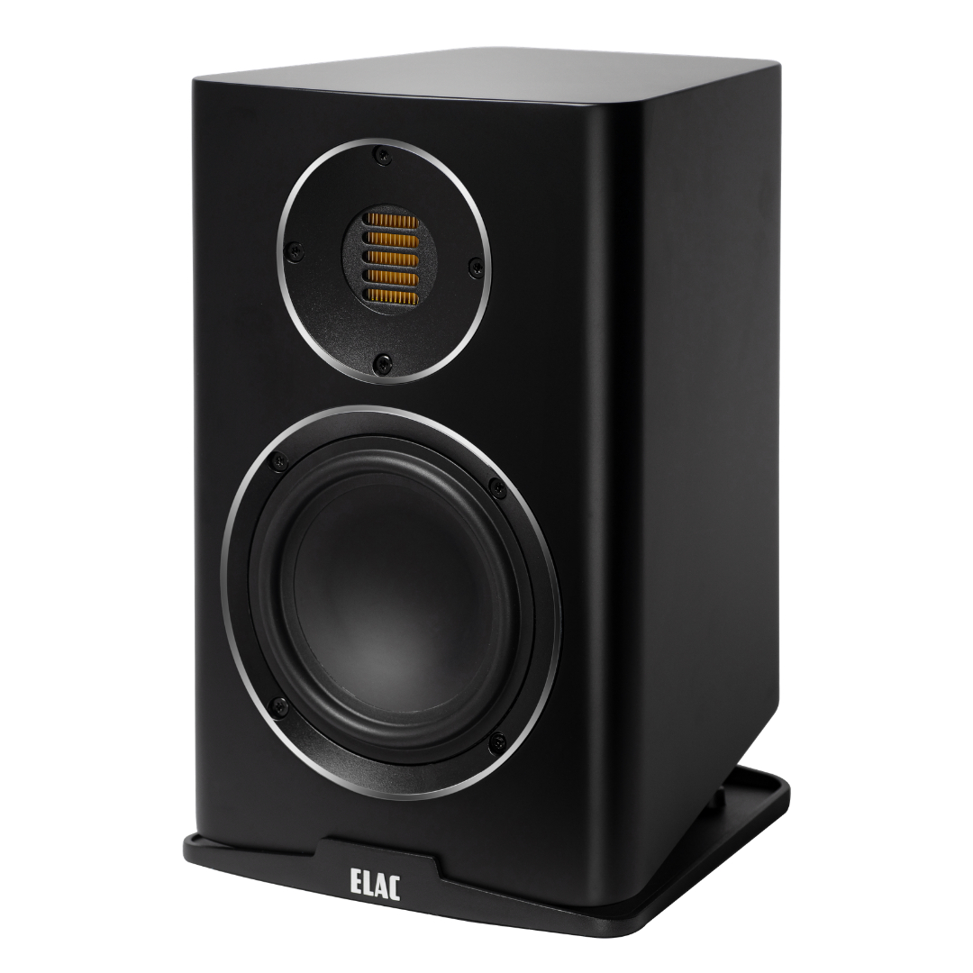 Elac Carina Bs243.4 Bookshelf Speakers Elac black bookshelf speaker with large woofer and small circular top driver on a stand