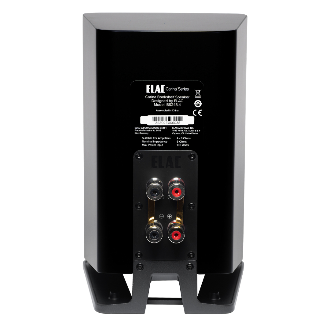 Elac Carina Bs243.4 Bookshelf Speakers Elac carina series bookshelf speaker bs243. 4 rear panel with four binding posts and label