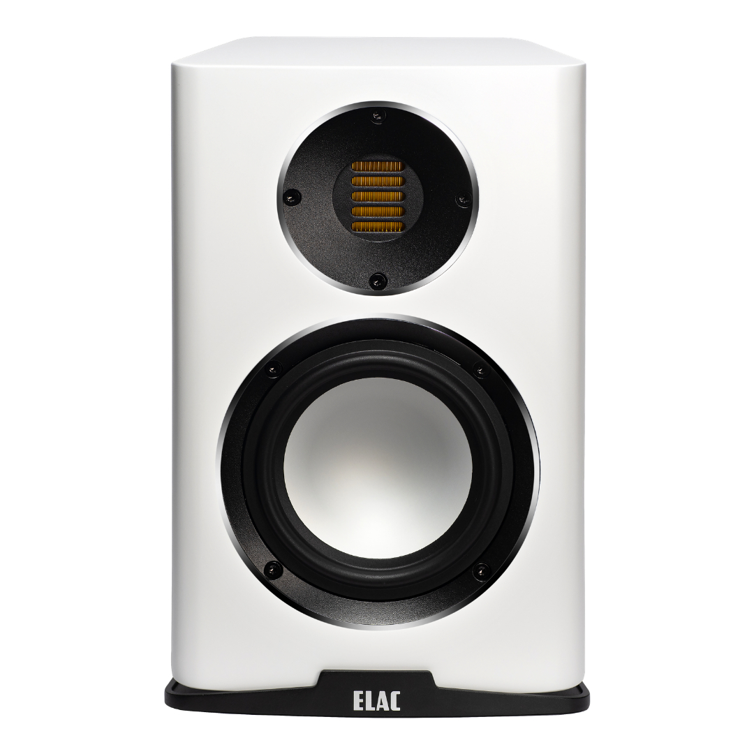 Elac Carina Bs243.4 Bookshelf Speakers Elac white bookshelf speaker featuring a large woofer, a smaller circular driver above, mounted on a black base.