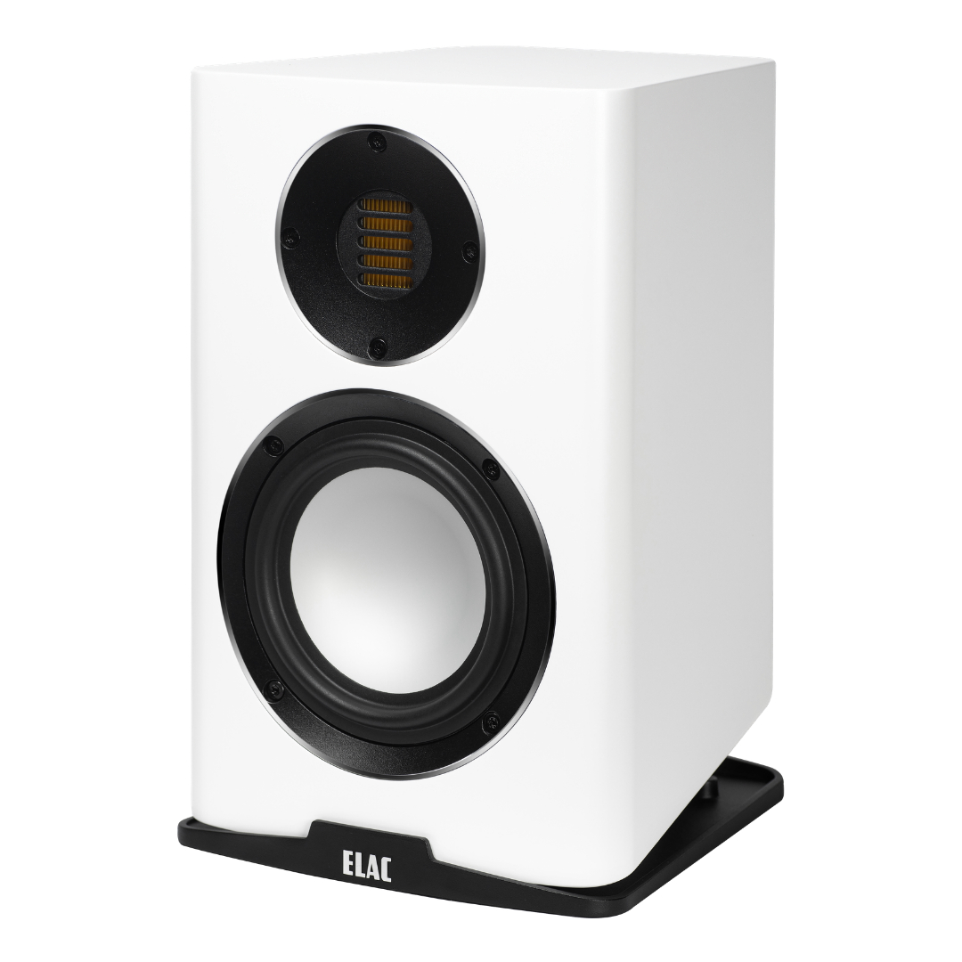 Elac Carina Bs243.4 Bookshelf Speakers Elac white bookshelf speaker with large black woofer and small circular tweeter module on a black base