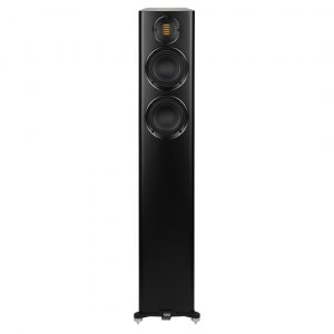 Elac floor-standing speaker with two large drivers and a small upper tweeter in a tall black cabinet.