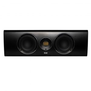 Elac center channel loudspeaker with two large woofers and a circular center module, black finish.