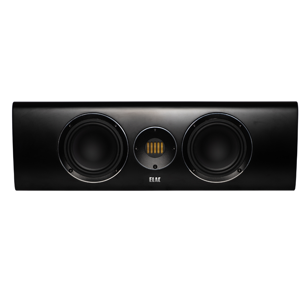 Elac Carina Cc241.4 Center Channel Speaker Elac center channel loudspeaker with two large woofers and a circular center module, black finish.