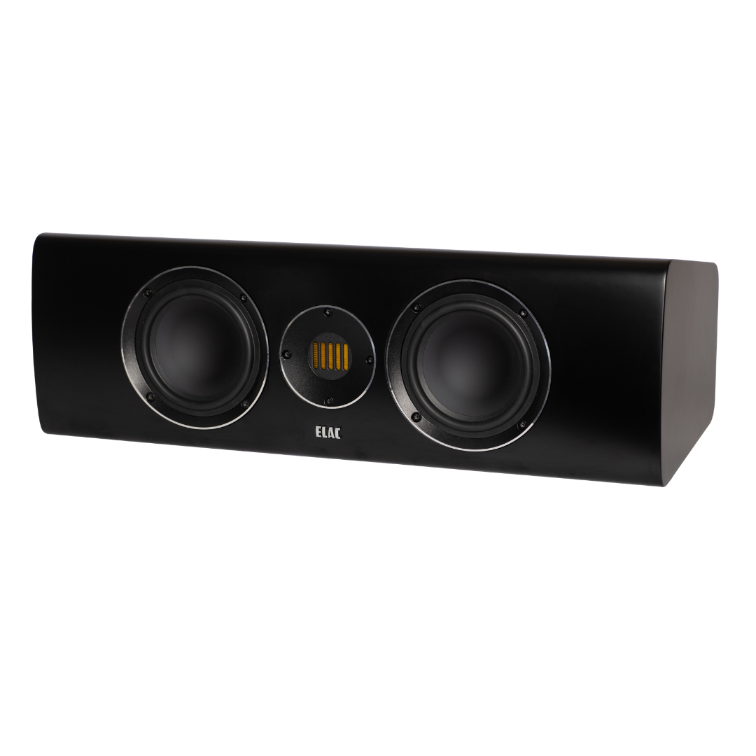 Elac Carina Cc241.4 Center Channel Speaker Elac black speaker bar with two large woofer drivers and a small central circular module.