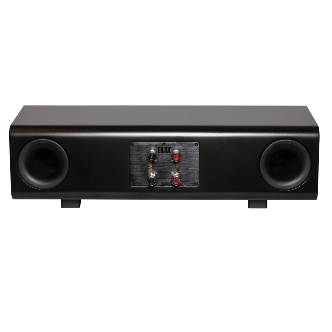 Elac Carina Cc241.4 Center Channel Speaker Elac subwoofer back panel featuring dual binding posts and a brushed metal brand plate.