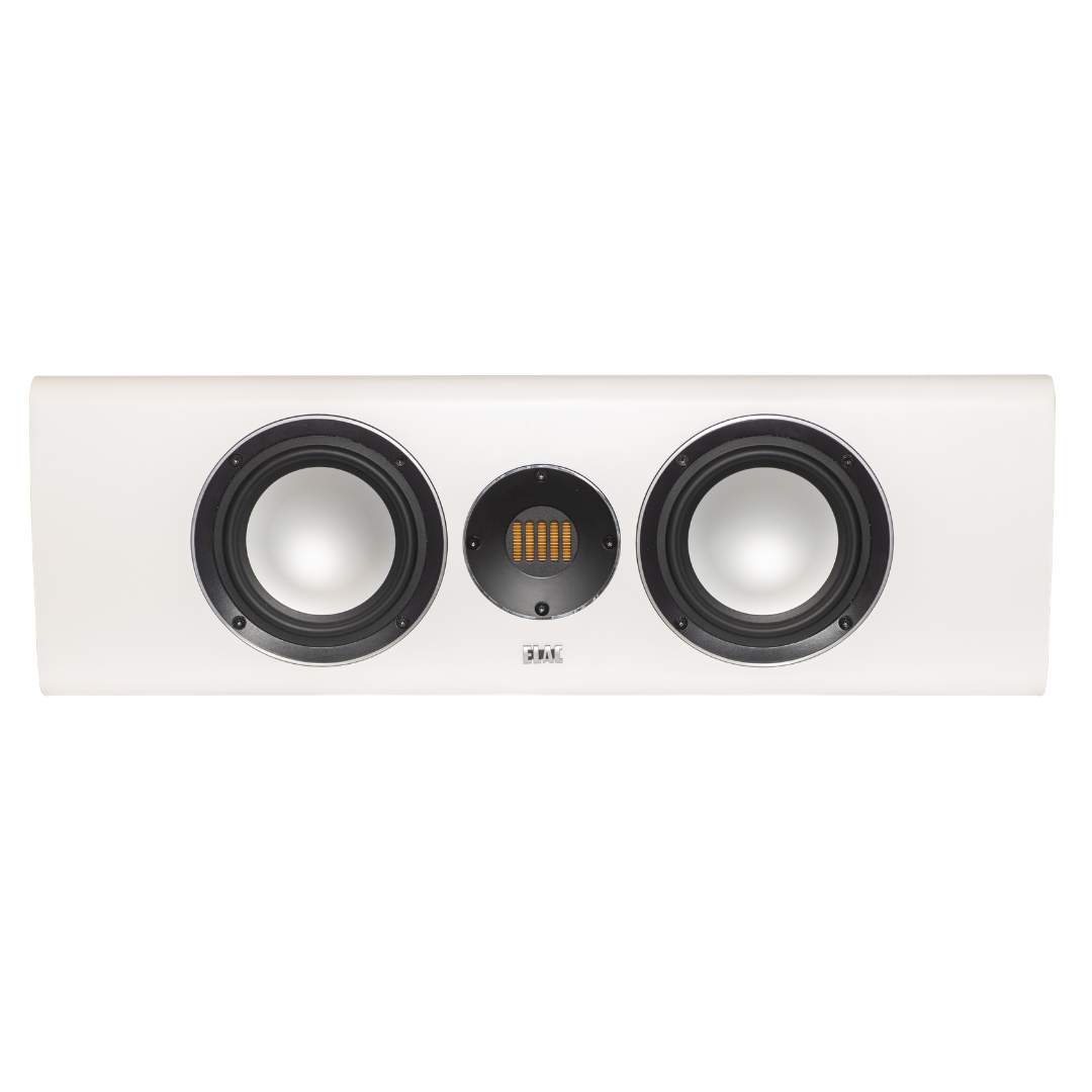 Elac Carina Cc241.4 Center Channel Speaker Edac white dual-driver bookshelf speaker with a central circular connector plate.