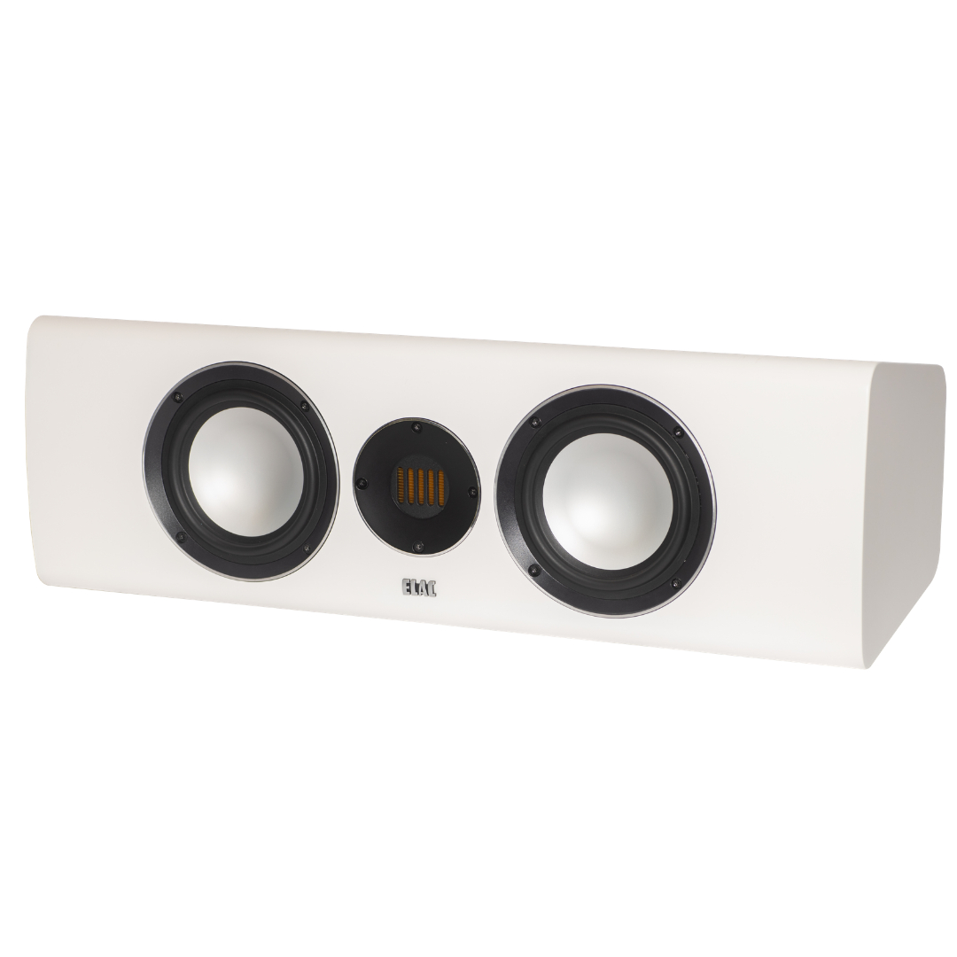 Elac Carina Cc241.4 Center Channel Speaker Elac white center-channel loudspeaker with two large drivers and a central circular component.