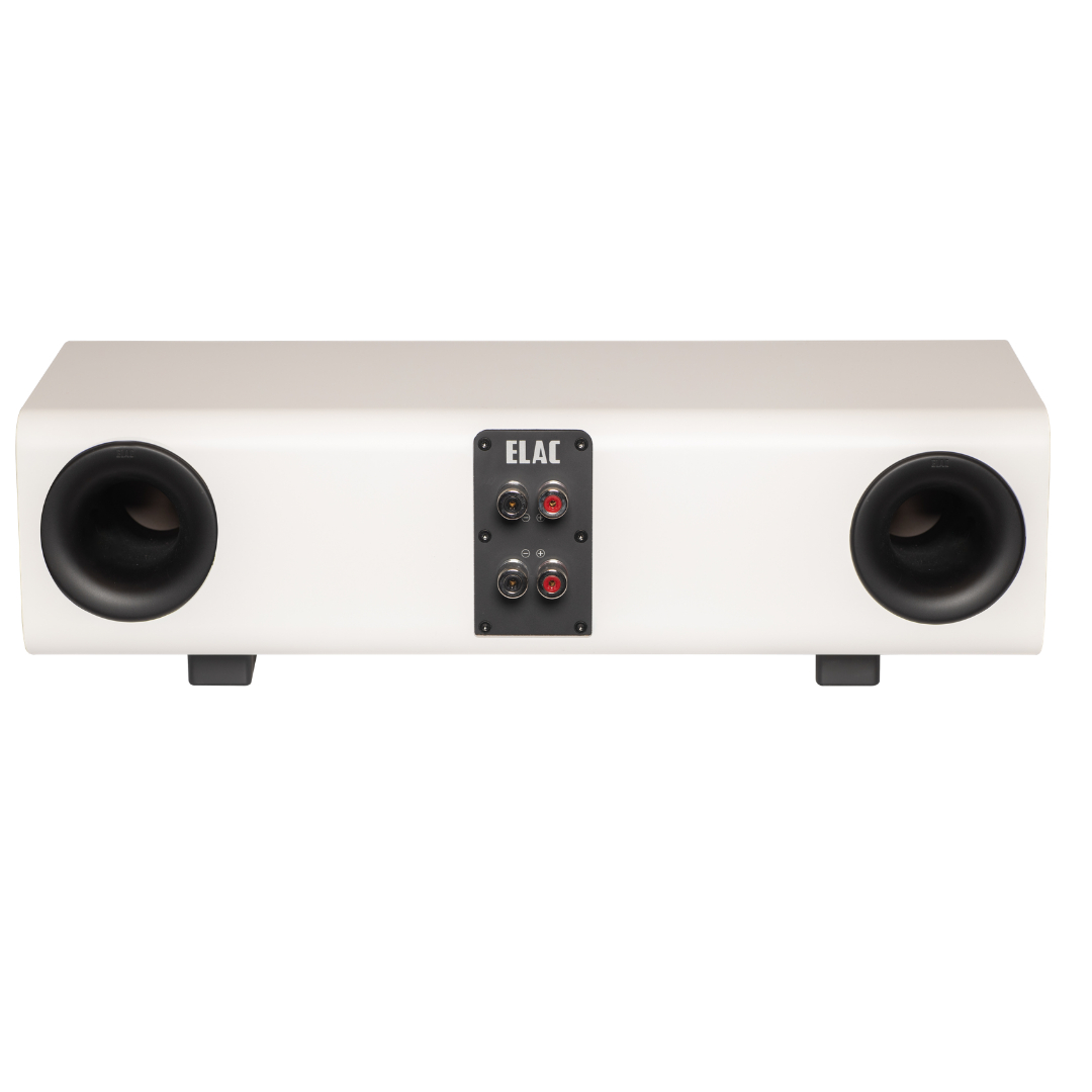 Elac Carina Cc241.4 Center Channel Speaker Elac speaker with two circular drivers on the ends and a central panel featuring four binding posts.