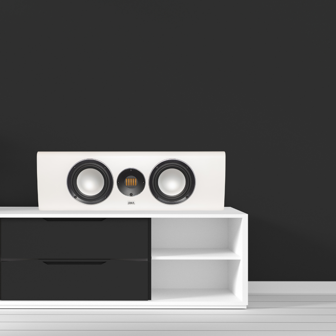 Elac Carina Cc241.4 Center Channel Speaker White three-driver center channel loudspeaker with two large woofers and a central midrange/tweeter, on a white console.