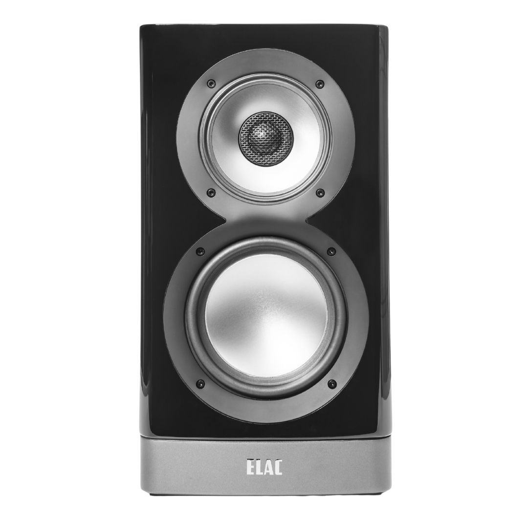 Elac Navis Arb-51 Bookshelf Speakers Elac bookshelf speaker with top tweeter and bottom woofer in a glossy black cabinet
