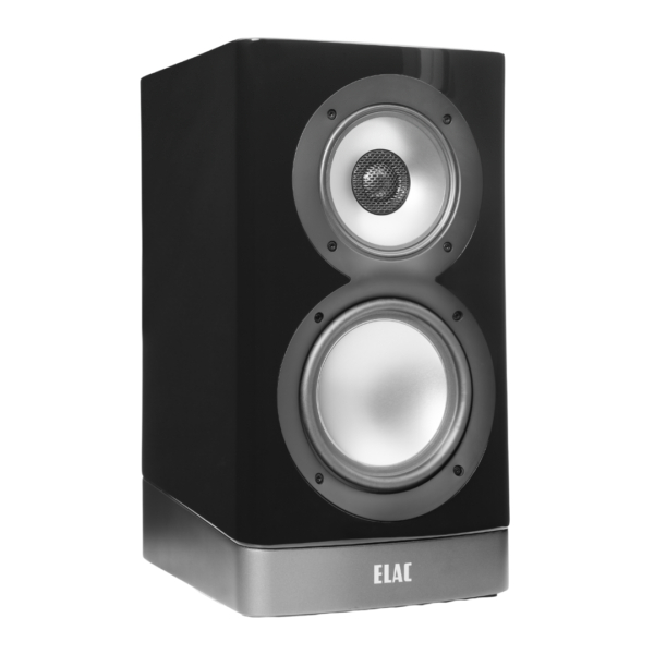 Elac Navis Arb-51 Bookshelf Speakers Elac bookshelf speaker with dual drivers in a black cabinet with a silver base