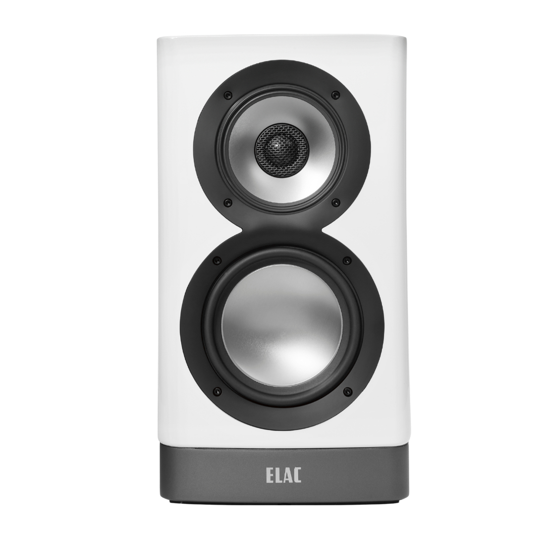 Elac Navis Arb-51 Bookshelf Speakers Elac white bookshelf speaker with dual drivers and a gray base bearing the elac logo.