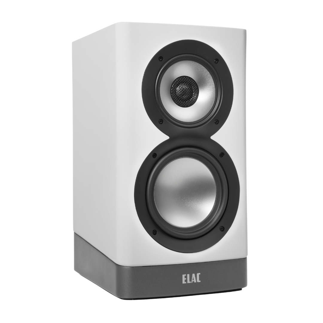 Elac Navis Arb-51 Bookshelf Speakers Elac white bookshelf speaker with black tweeter and woofer mounted on a gray base.