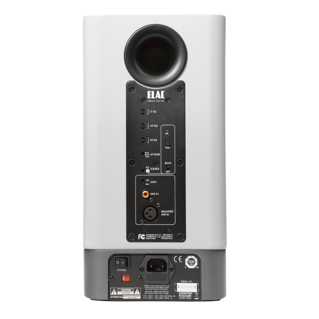 Elac Navis Arb-51 Bookshelf Speakers Elac navis series powered loudspeaker rear panel with balanced line input and source controls, iec power inlet.