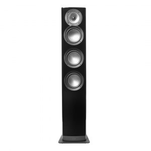 Elac floor-standing speaker with four silver drivers in a black cabinet and a gray base.
