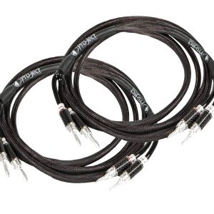 Interdyn Pair of pro-ject braided speaker cables with banana plug connectors.
