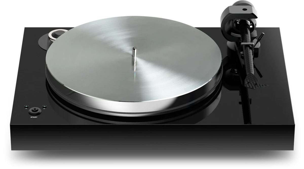 Pro-Ject X8 Evolution Turntable Turntable with brushed metal platter, black glossy base, and right-side tonearm with cartridge.